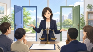 永住制度と共生政策を公平に説明する成人女性法律アナリストのアニメ風イラスト