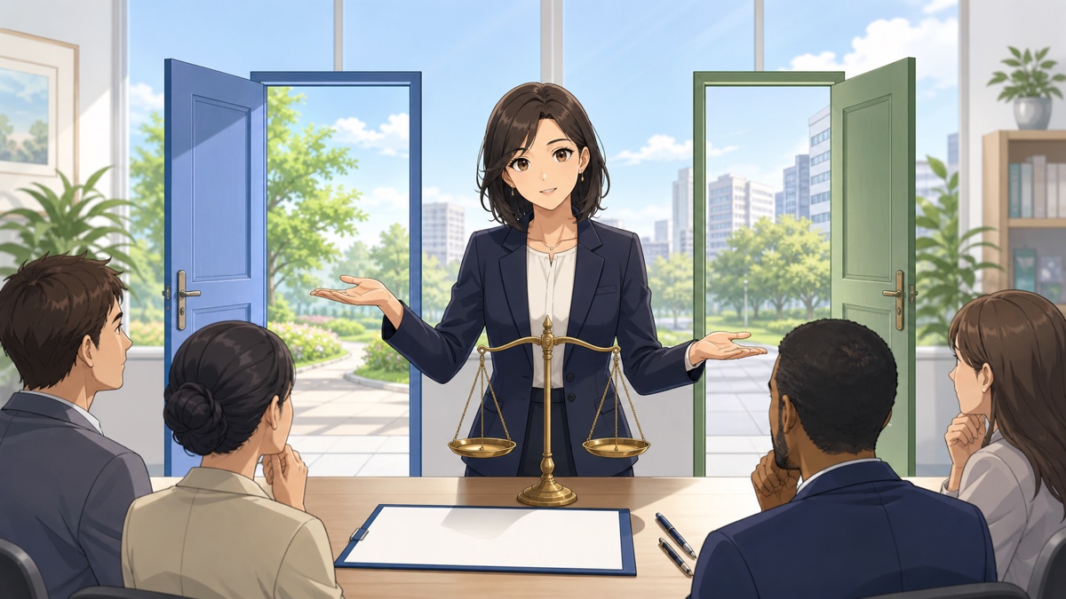 永住制度と共生政策を公平に説明する成人女性法律アナリストのアニメ風イラスト