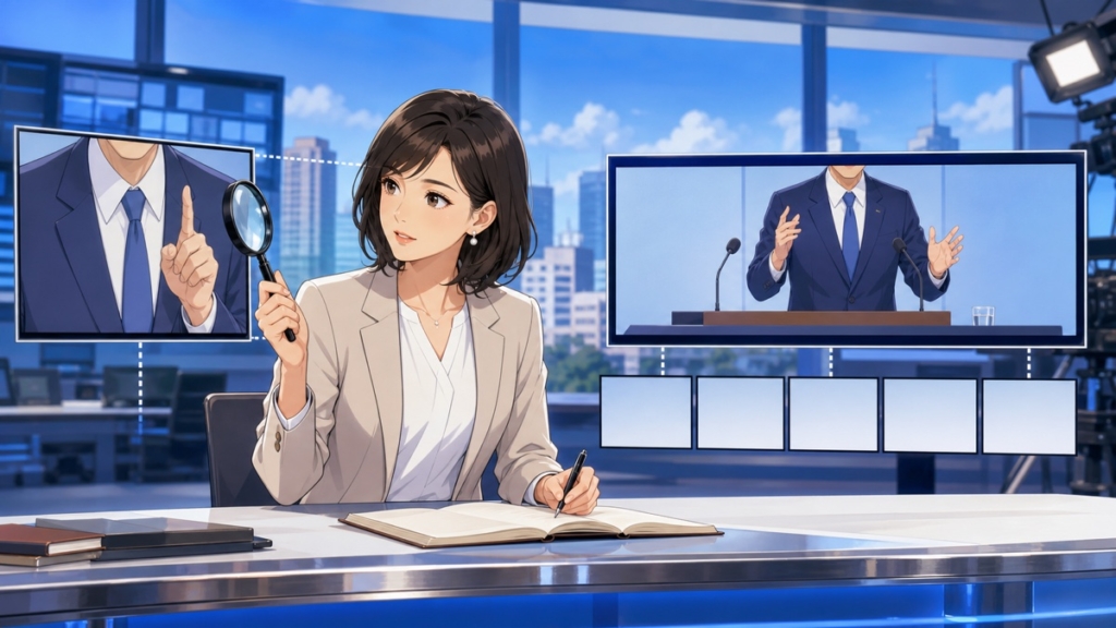 切り取られた映像と全体の文脈を検証する成人女性記者のアニメ風イラスト