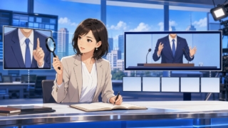 切り取られた映像と全体の文脈を検証する成人女性記者のアニメ風イラスト