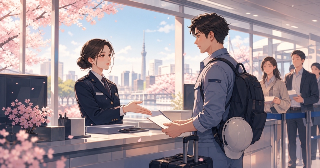外国人労働者を迎える窓口で就労と永住制度を説明する成人女性のアニメ風イラスト