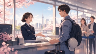 外国人労働者を迎える窓口で就労と永住制度を説明する成人女性のアニメ風イラスト