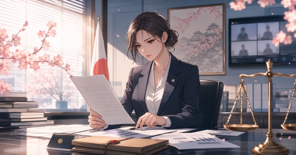 公務員の説明責任と懲戒基準を調査する成人女性のアニメ風イラスト