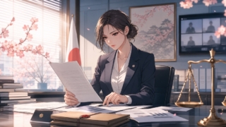 公務員の説明責任と懲戒基準を調査する成人女性のアニメ風イラスト