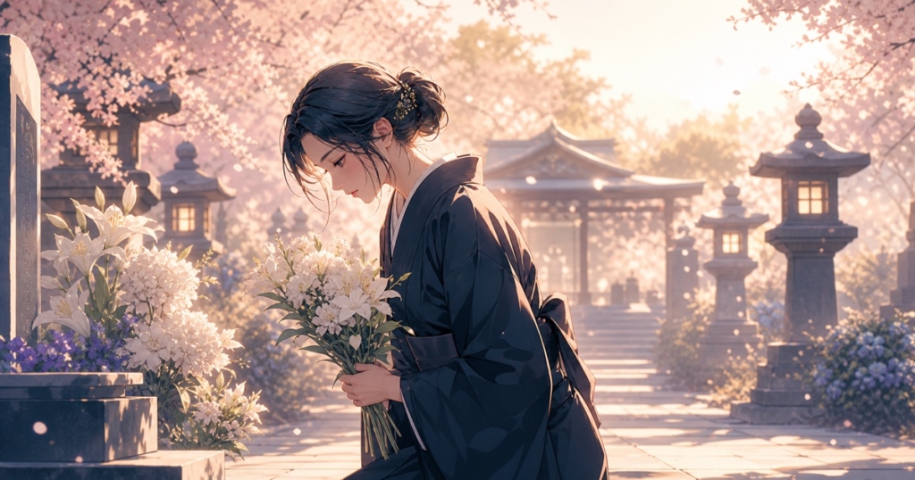 静かな慰霊の場で花を手向ける成人女性のアニメ風イラスト