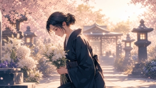 静かな慰霊の場で花を手向ける成人女性のアニメ風イラスト