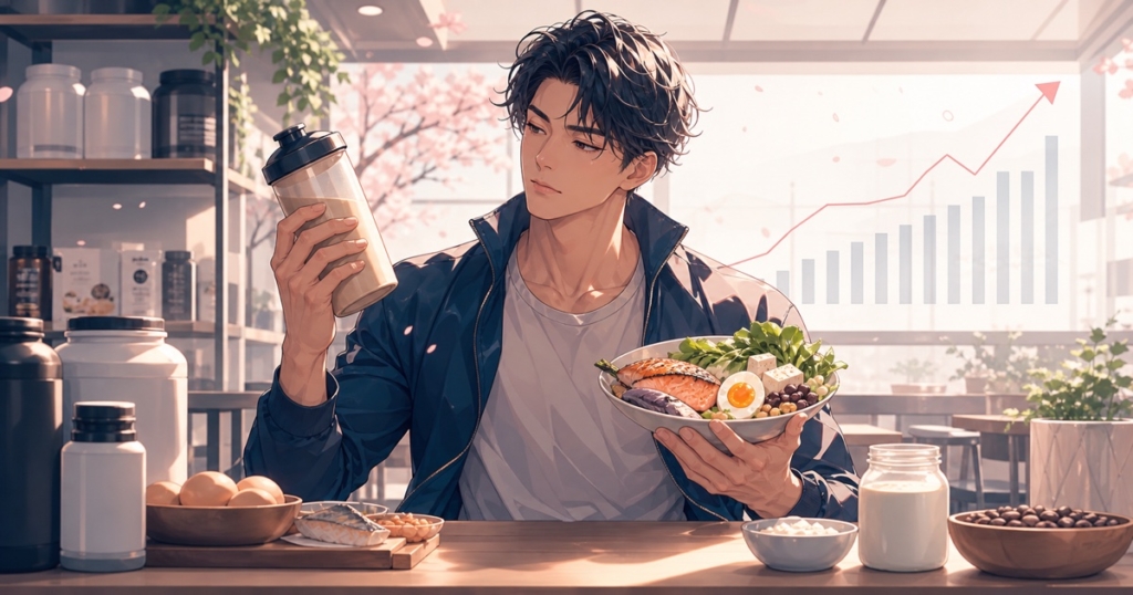 値上がりするプロテインと自然な食事を比較する成人男性のアニメ風イラスト