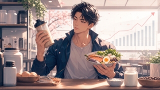 値上がりするプロテインと自然な食事を比較する成人男性のアニメ風イラスト