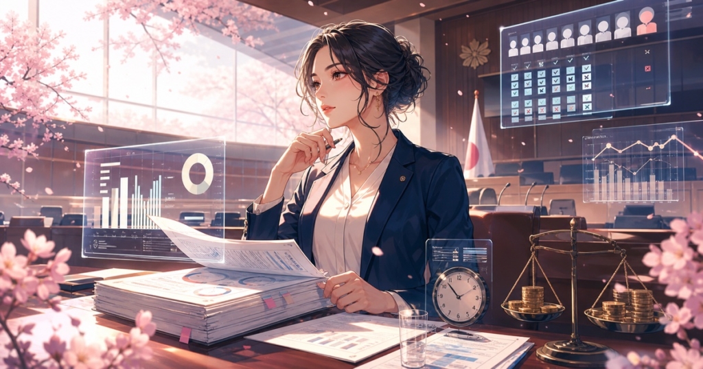 政治家の成果連動報酬をグラフと天秤で検討する成人女性のアニメ風イラスト