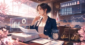 政治家の成果連動報酬をグラフと天秤で検討する成人女性のアニメ風イラスト