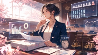 政治家の成果連動報酬をグラフと天秤で検討する成人女性のアニメ風イラスト