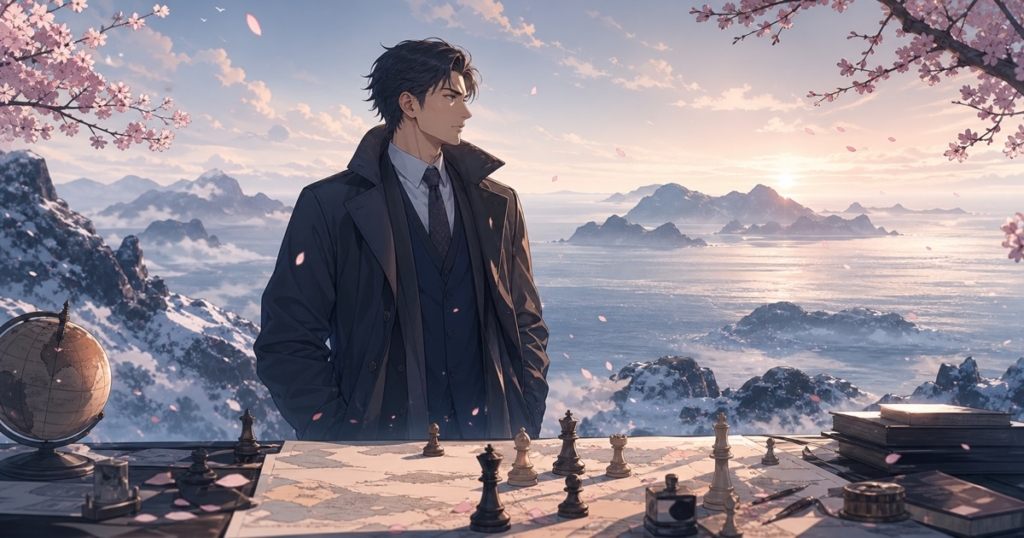 雪の北方領土を前に外交の選択肢を考える成人男性のアニメ風イラスト