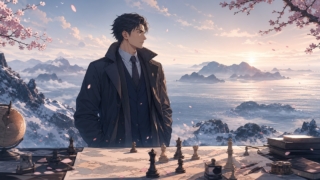 雪の北方領土を前に外交の選択肢を考える成人男性のアニメ風イラスト