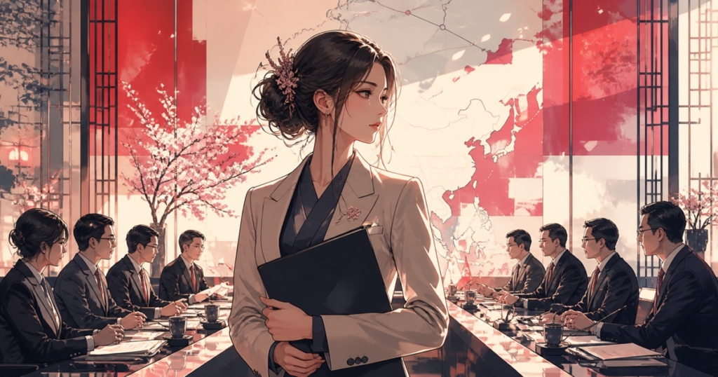 東アジア外交と政治的影響を慎重に検討する成人女性外交官のアニメ風イラスト