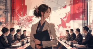 東アジア外交と政治的影響を慎重に検討する成人女性外交官のアニメ風イラスト