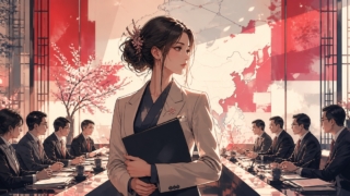 東アジア外交と政治的影響を慎重に検討する成人女性外交官のアニメ風イラスト