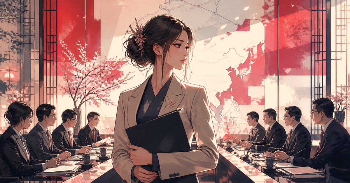 東アジア外交と政治的影響を慎重に検討する成人女性外交官のアニメ風イラスト