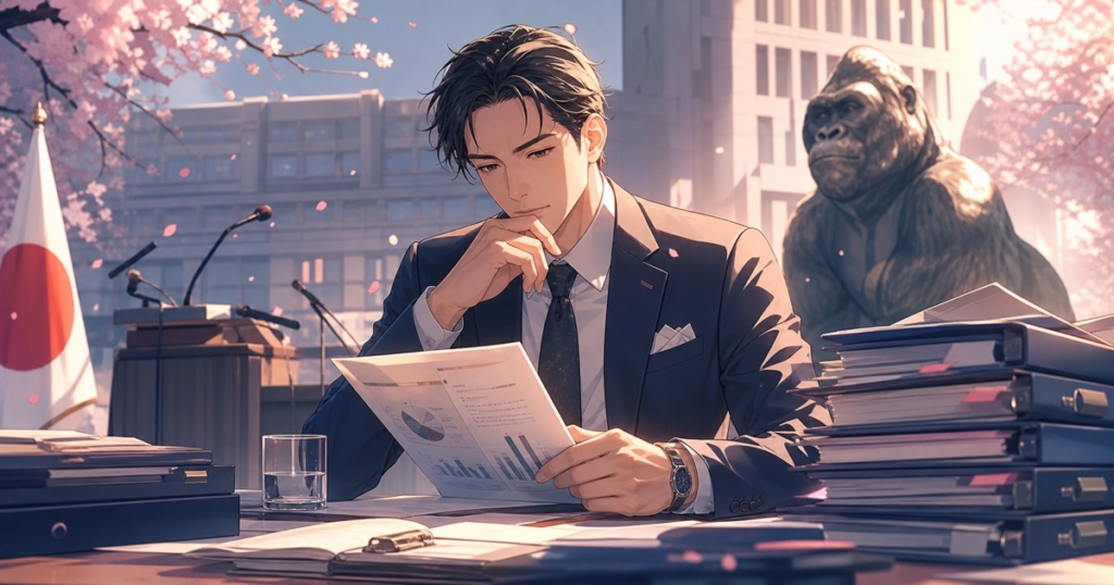 ゴリラを象徴に掲げる政治活動と有権者の支持を分析する成人男性のアニメ風イラスト