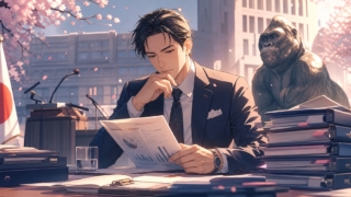 ゴリラを象徴に掲げる政治活動と有権者の支持を分析する成人男性のアニメ風イラスト