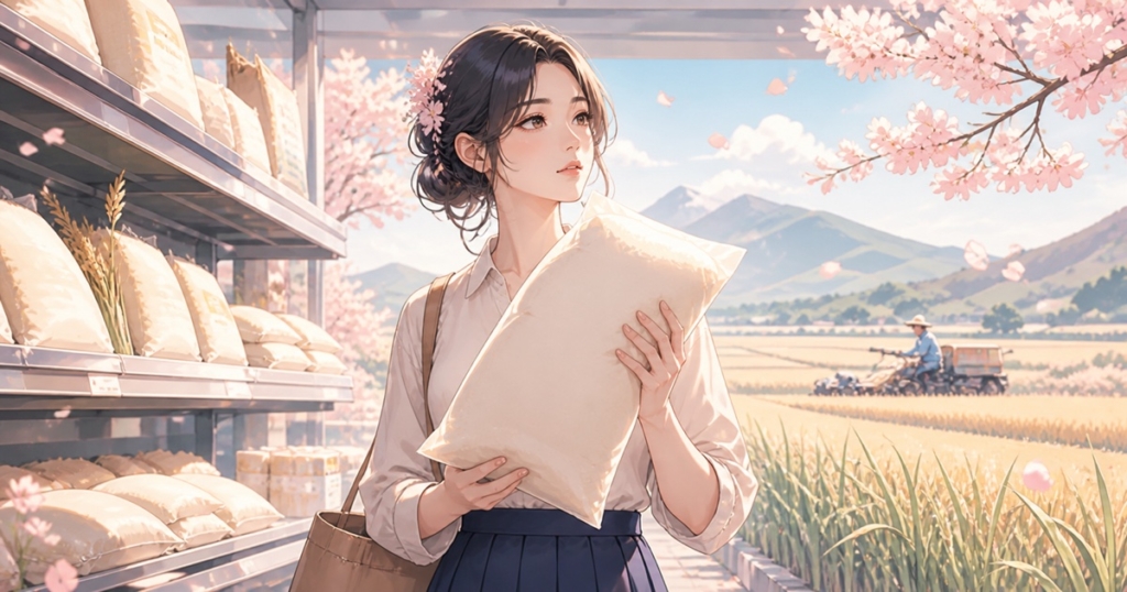 米価が2023年水準へ戻る動きを売り場と稲田で考える成人女性のアニメ風イラスト