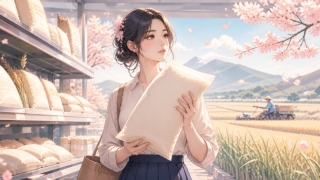 米価が2023年水準へ戻る動きを売り場と稲田で考える成人女性のアニメ風イラスト