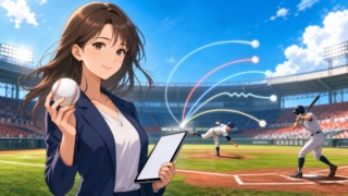 晴れた野球場でボールを持つ女性スポーツ記者と投球する選手のアニメ風イラスト