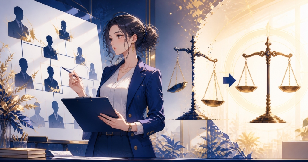 匿名の組織図と不均衡から公平へ変わる天秤を調査する女性記者のアニメ風イラスト