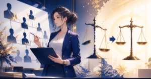 匿名の組織図と不均衡から公平へ変わる天秤を調査する女性記者のアニメ風イラスト
