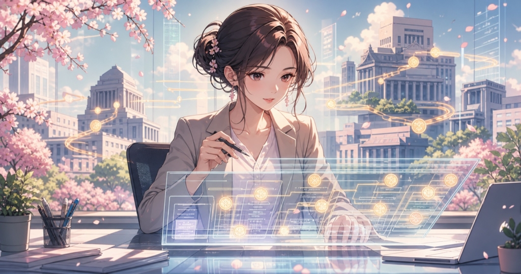 政治献金の透明な記録と課税を検討する女性監査担当者のアニメ風イラスト