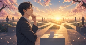 投票箱の前で複数の未来の道を考える成人男性有権者のアニメ風イラスト