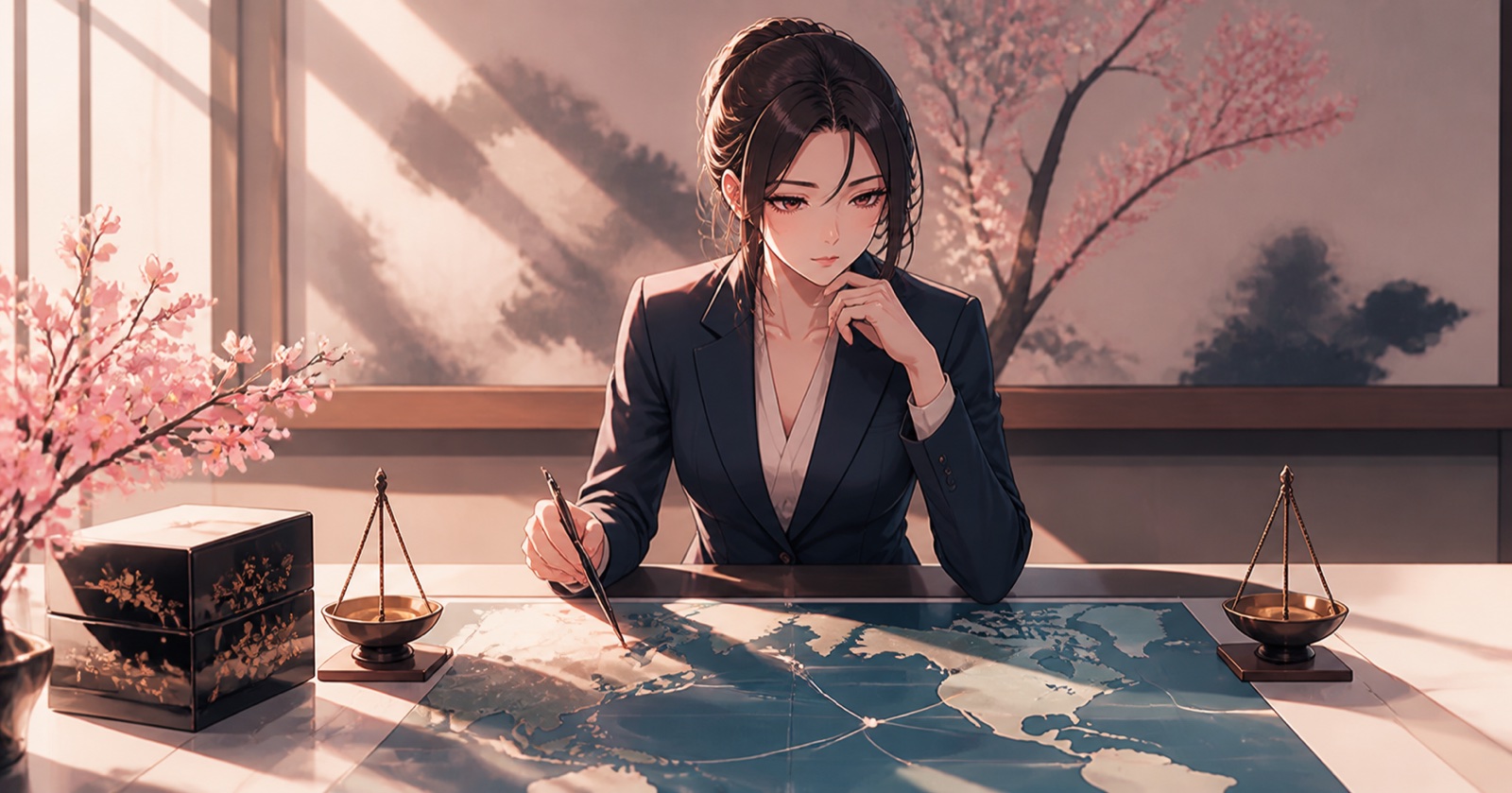 太平洋の地図と対等な天秤を前に外交戦略を考える女性外交官のアニメ風イラスト
