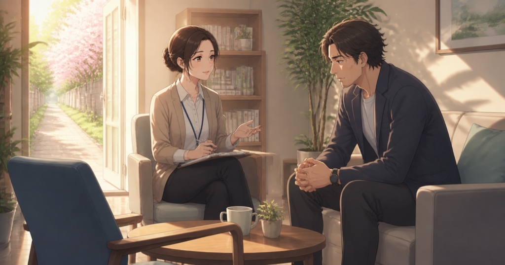 学校の相談室で支援策を話し合う成人カウンセラーと父親のアニメ風イラスト