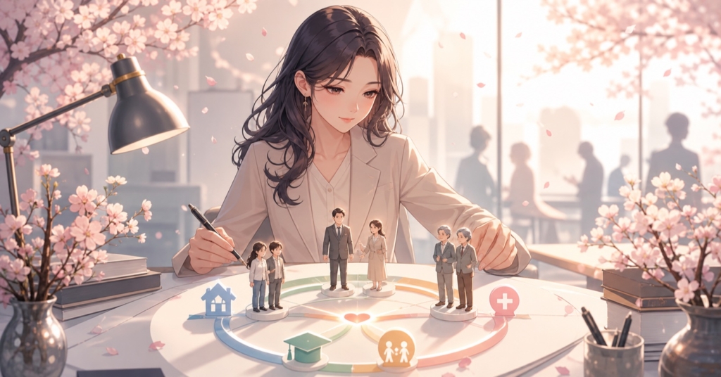 世代間の支え合いと持続可能な福祉を設計する女性政策担当者のアニメ風イラスト