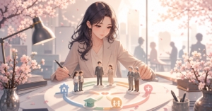 世代間の支え合いと持続可能な福祉を設計する女性政策担当者のアニメ風イラスト
