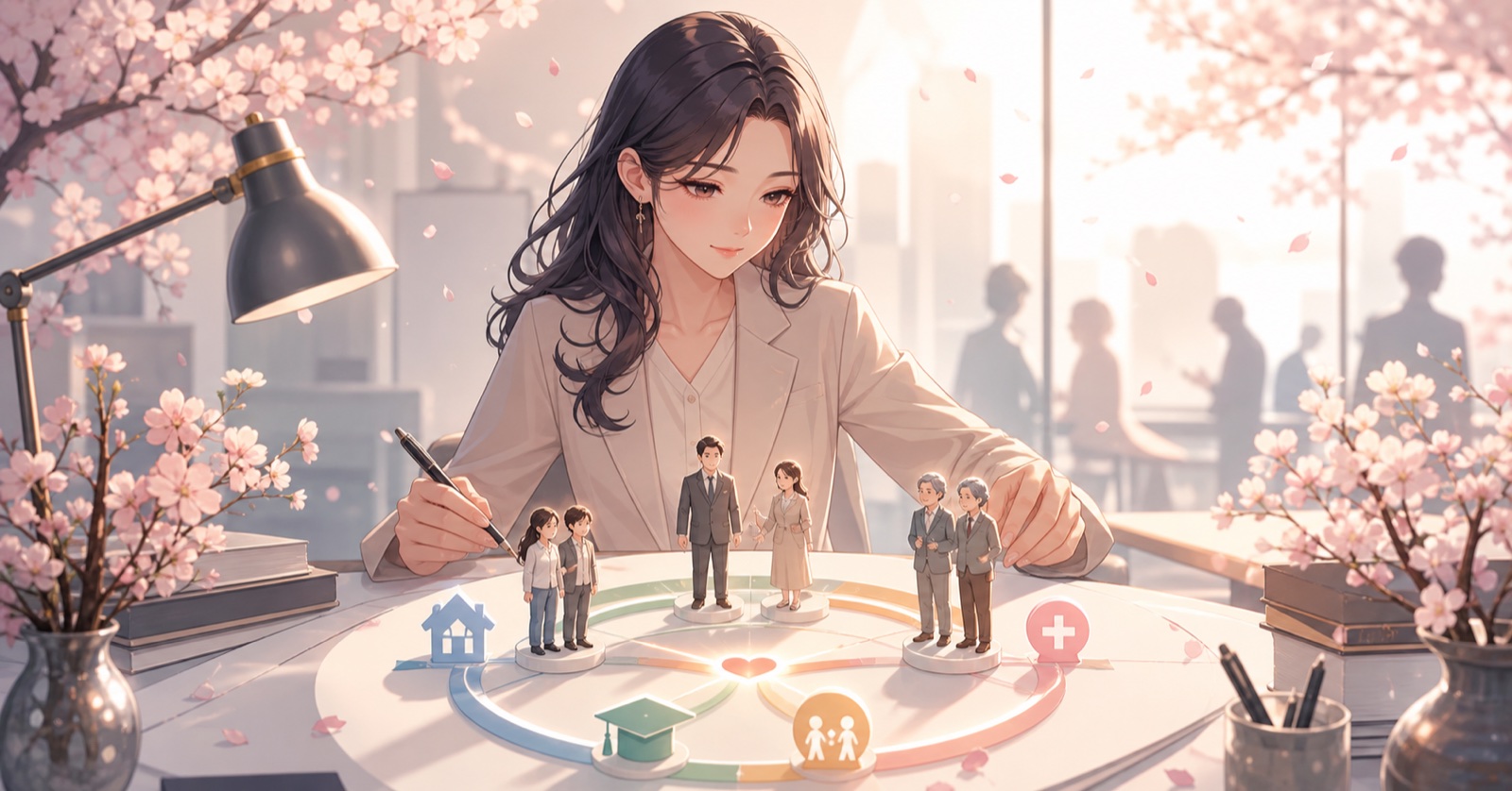 世代間の支え合いと持続可能な福祉を設計する女性政策担当者のアニメ風イラスト
