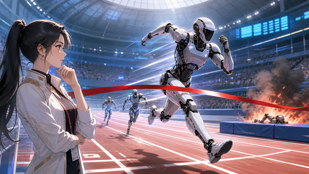 100m走を疾走する人型ロボットと見守る女性のアニメ風イラスト