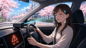 居眠りを検知するドライバーモニタリングシステムと女性ドライバーのアニメ風イラスト
