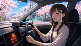 居眠りを検知するドライバーモニタリングシステムと女性ドライバーのアニメ風イラスト