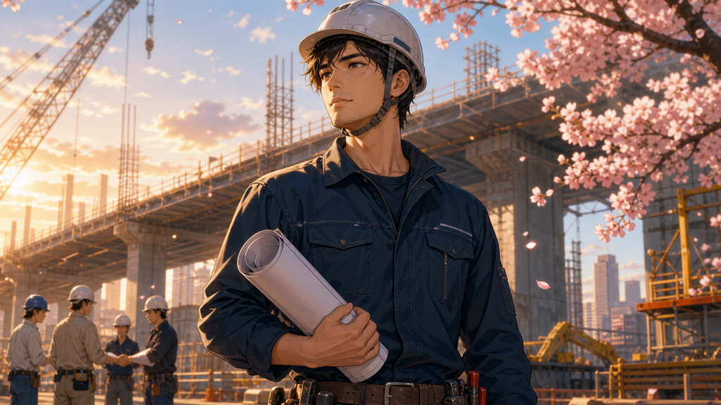 建設現場で誇りを持って働く熟練作業員のアニメ風イラスト