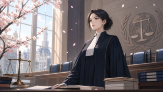 国際裁判所で司法の独立を守る女性裁判官のアニメ風イラスト