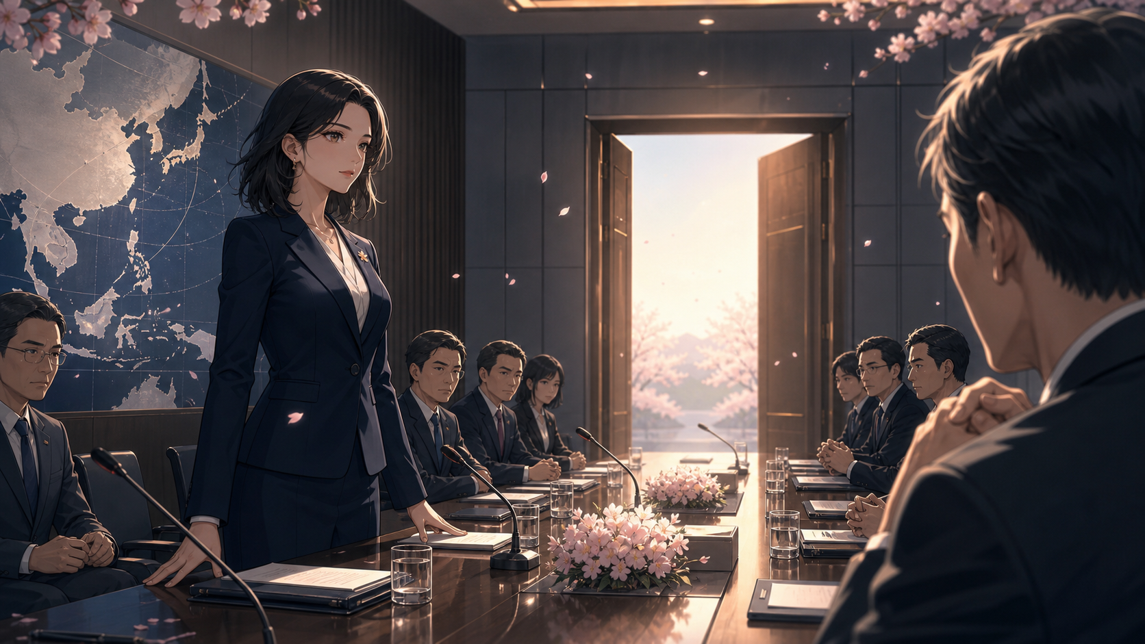 日中外交会議で毅然と対話に臨む女性政治家のアニメ風イラスト