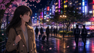 夜の繁華街を見つめる女性とパトロールする警察官のアニメ風イラスト