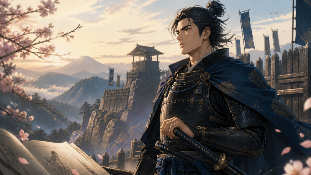史実を守り山城に立つ戦国武将のアニメ風イラスト