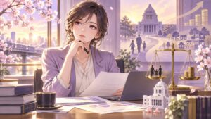 「自公同様増税路線である限り、立憲を中心とした政権誕生等まず実現しないのでは」を題材にした架空の成人人物のアニメ風イラスト