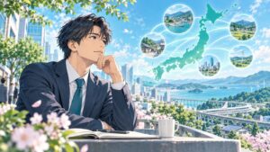 「いつまでも列島改造論では無いでしょうに」を題材にした架空の成人人物のアニメ風イラスト