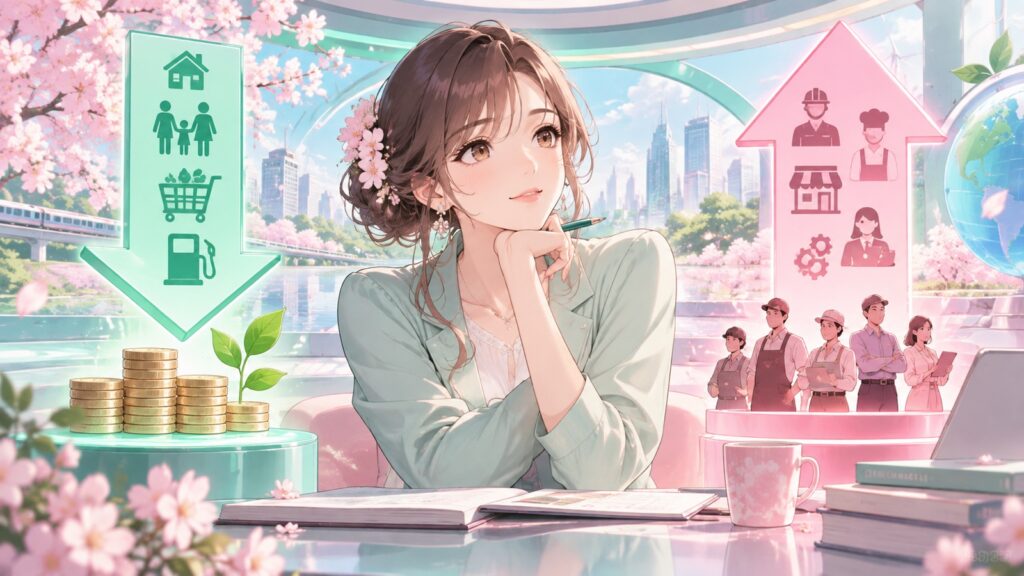 「賃上げより税下げが先です」を題材にした架空の成人人物のアニメ風イラスト