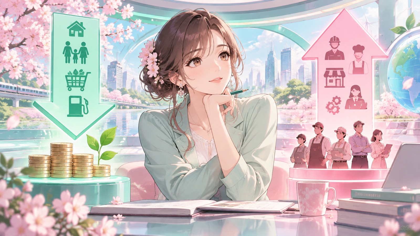 「賃上げより税下げが先です」を題材にした架空の成人人物のアニメ風イラスト