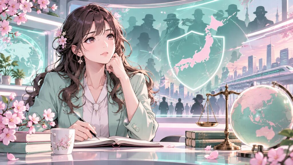 「なぜ日本にだけスパイ防止法が無いんですかね」を題材にした架空の成人人物のアニメ風イラスト