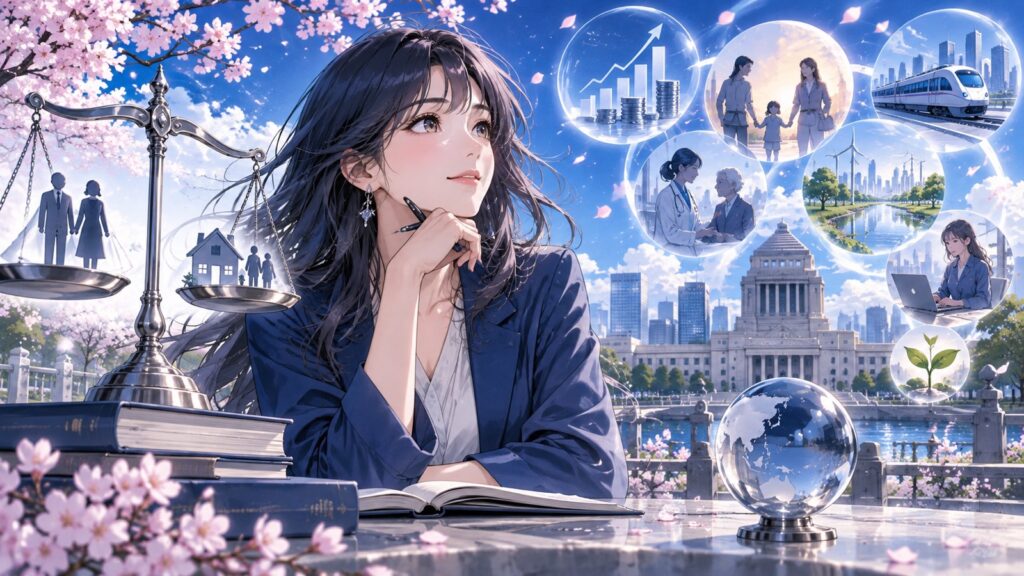 「選択的夫婦別姓よりもやるべき政策はいっぱい」を題材にした架空の成人人物のアニメ風イラスト