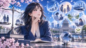 「選択的夫婦別姓よりもやるべき政策はいっぱい」を題材にした架空の成人人物のアニメ風イラスト